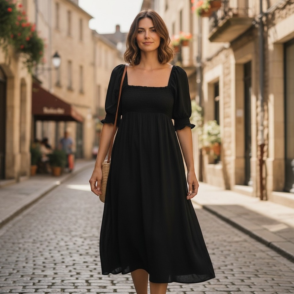 KIRUNDO Black Smocked Midi Dress Square Neck Puff Sleeve Goth Cottagecore Large